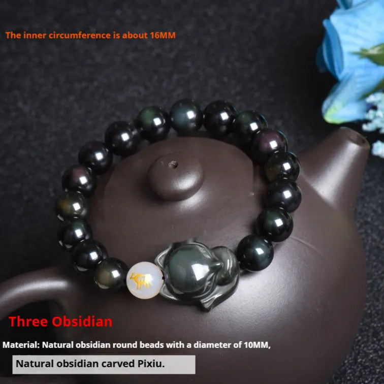 Obsidian stone bracelet with 10mm beads in national style design