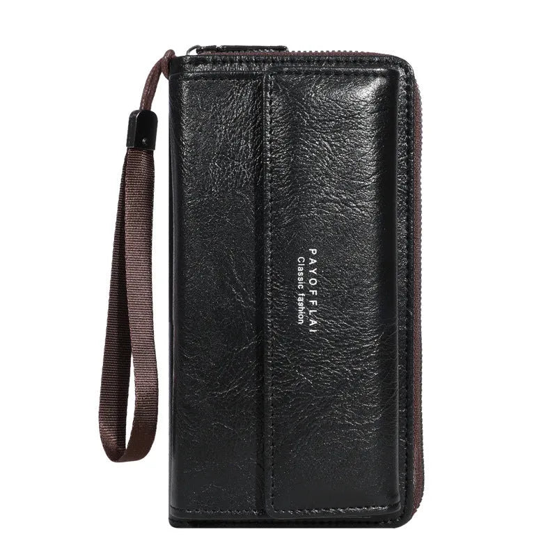 Men's long PU leather wallet in black, brown, and coffee, showing multiple card slots.