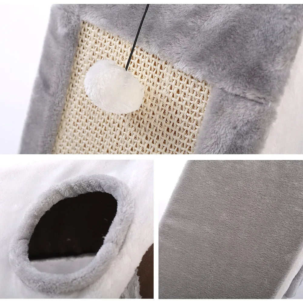 Grey and white triangular cat bed with sisal scratching side and soft fur sleeping mat.