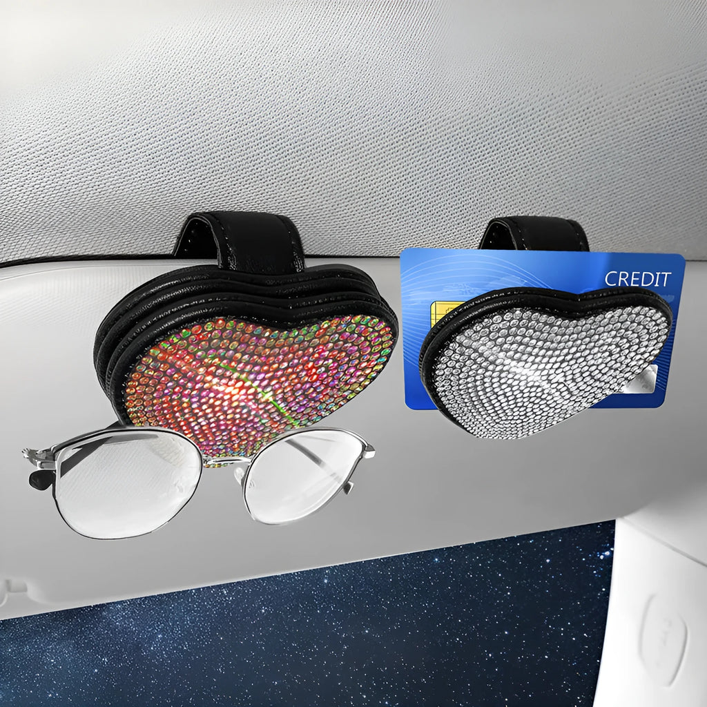 Diamond-encrusted PU leather car sun visor organiser clip with magnetic document holder and glasses storage