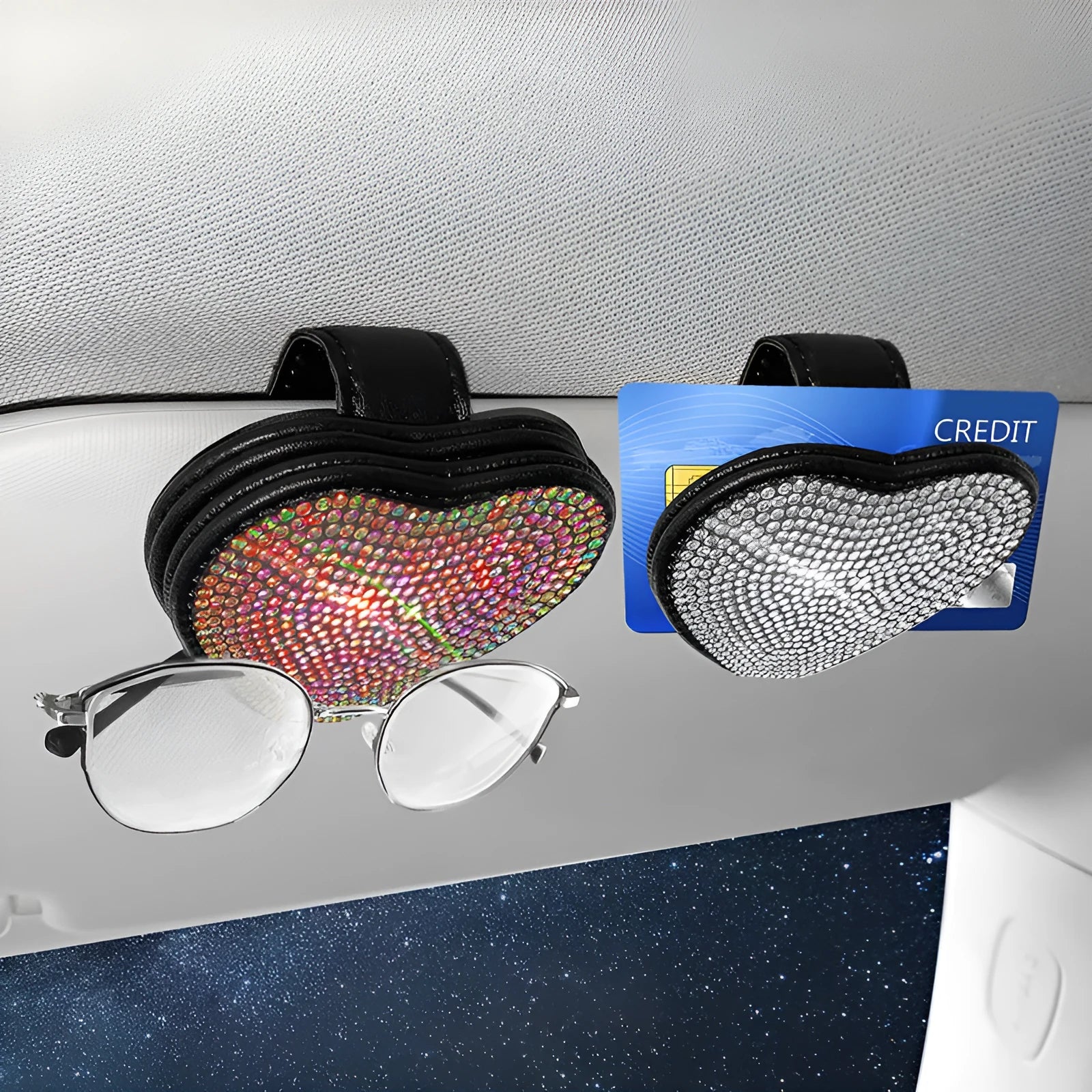 Diamond-encrusted PU leather car sun visor organiser clip with magnetic document holder and glasses storage