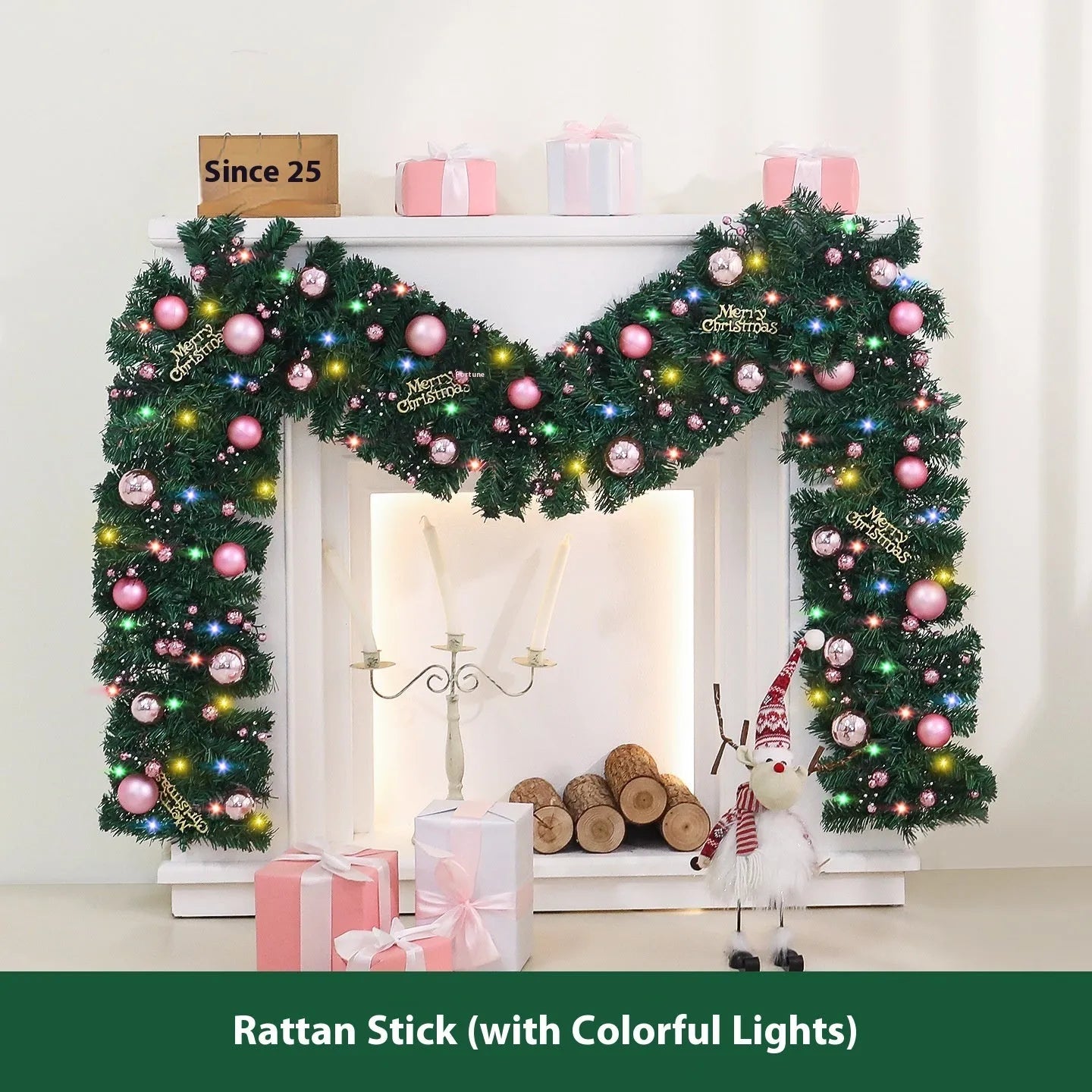 2.7 metre pink rattan Christmas vine decoration with 240 decorative heads on wrought iron wire