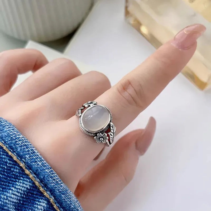 Copper vintage ring with adjustable opening and imitation white chalcedony stone