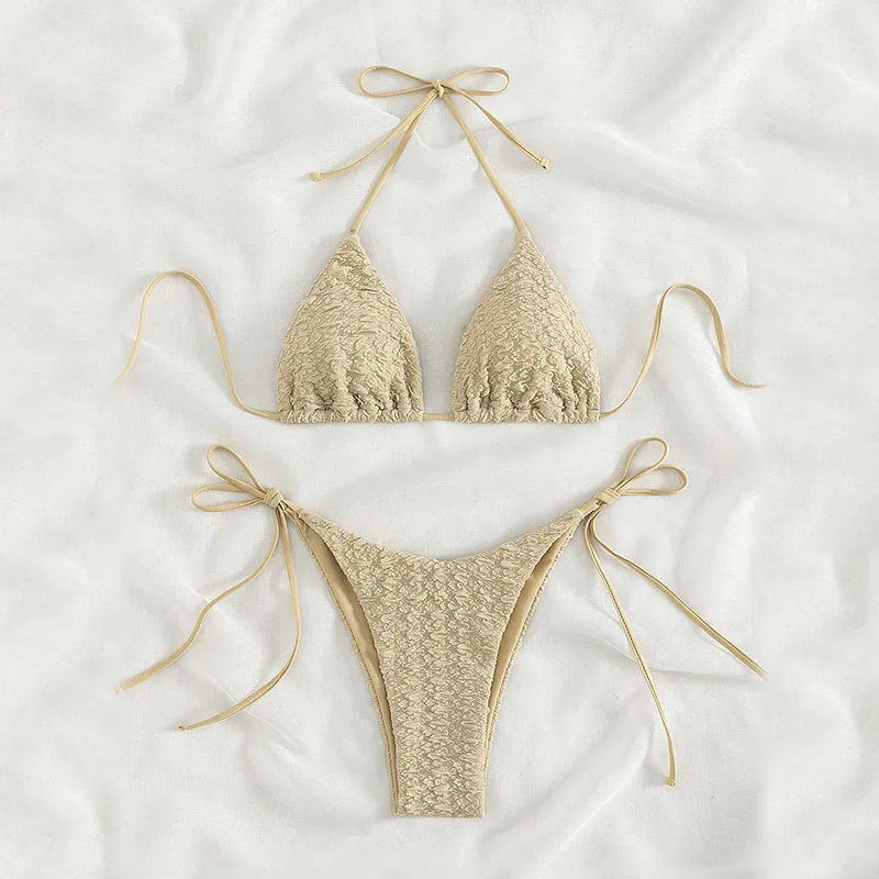 Women's high waist bikini with lace-up sides in khaki colour, showing top and shorts.