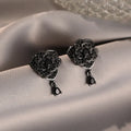 Black rose colour zircon stone floral stud earrings with 18K gold electroplated finish