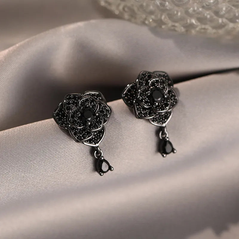 Black rose colour zircon stone floral stud earrings with 18K gold electroplated finish
