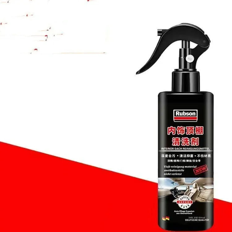 Wash-free fabric roof foam cleaner bottle with microfibre towel and sponge wipes for car interior cleaning.