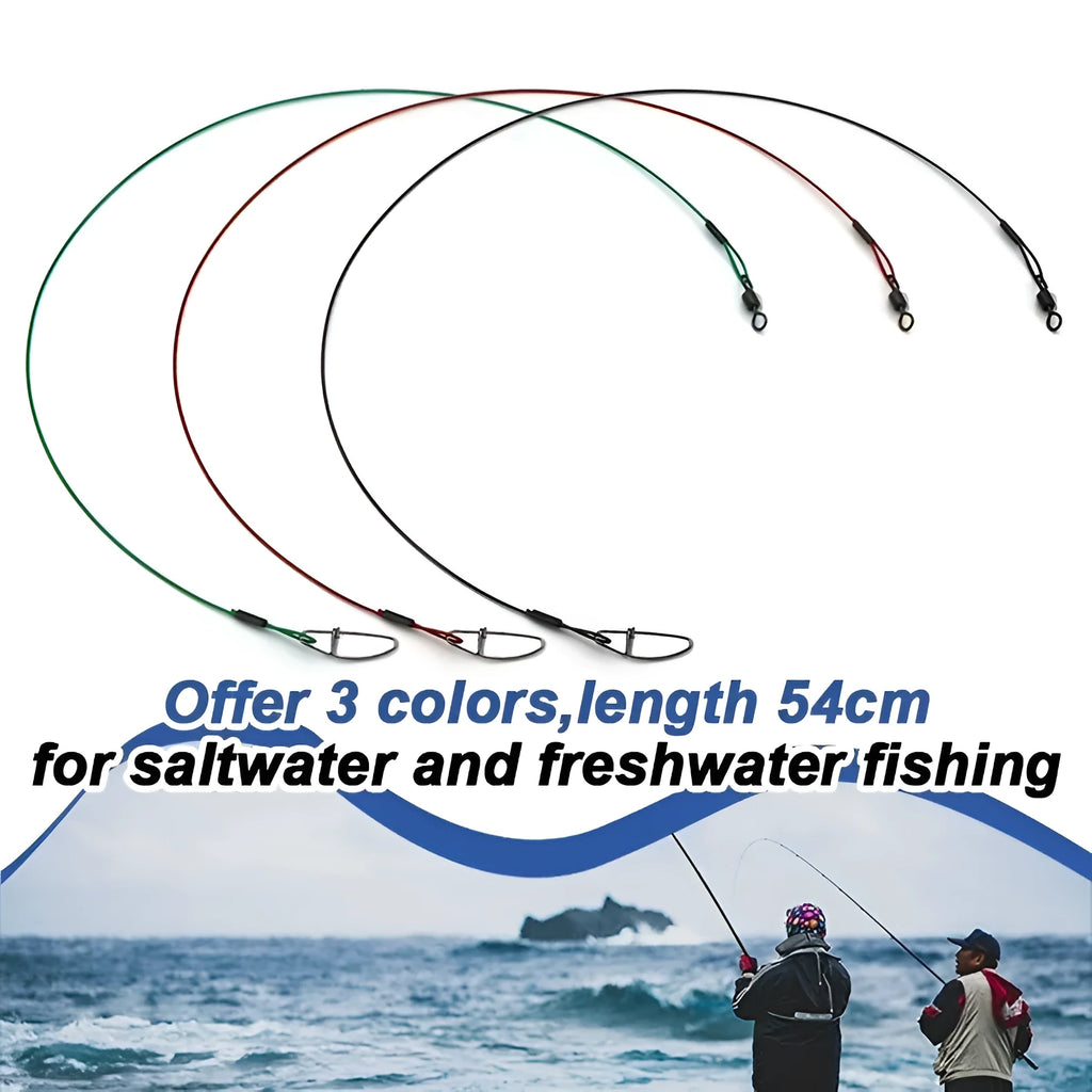 Set of 10 green steel wire double buckle fishing bite leaders showing 54cm length