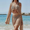 Khaki two-piece clothing suit with bell sleeves and hollow out details for female vacation sun protection