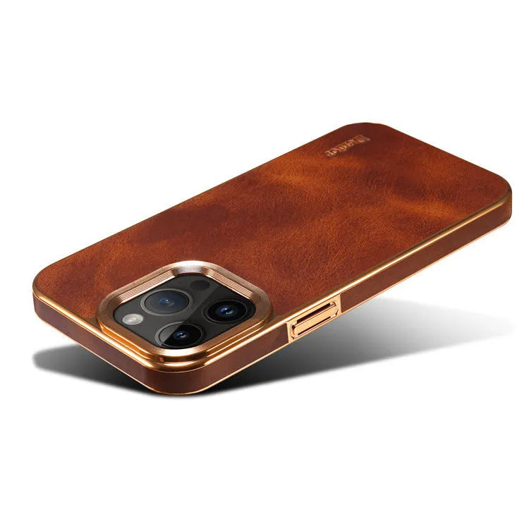Handmade leather phone case with German technology showing slim design and precise button openings