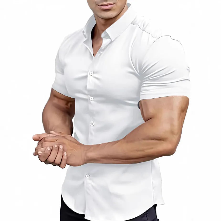 Men's short sleeve casual printed shirt with a shirt collar, shown in a brown colour.