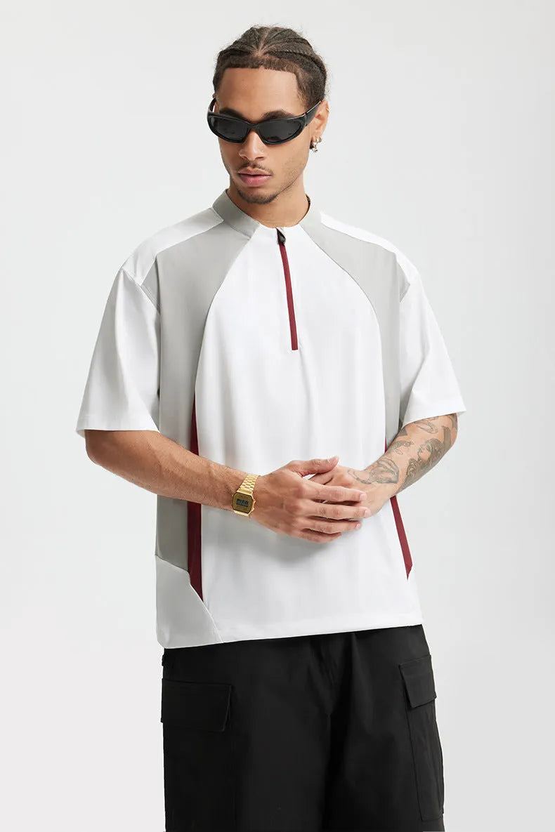 Men's lightweight solid colour polyester top with stitching detail, shown in black and beige with long and short sleeve options.