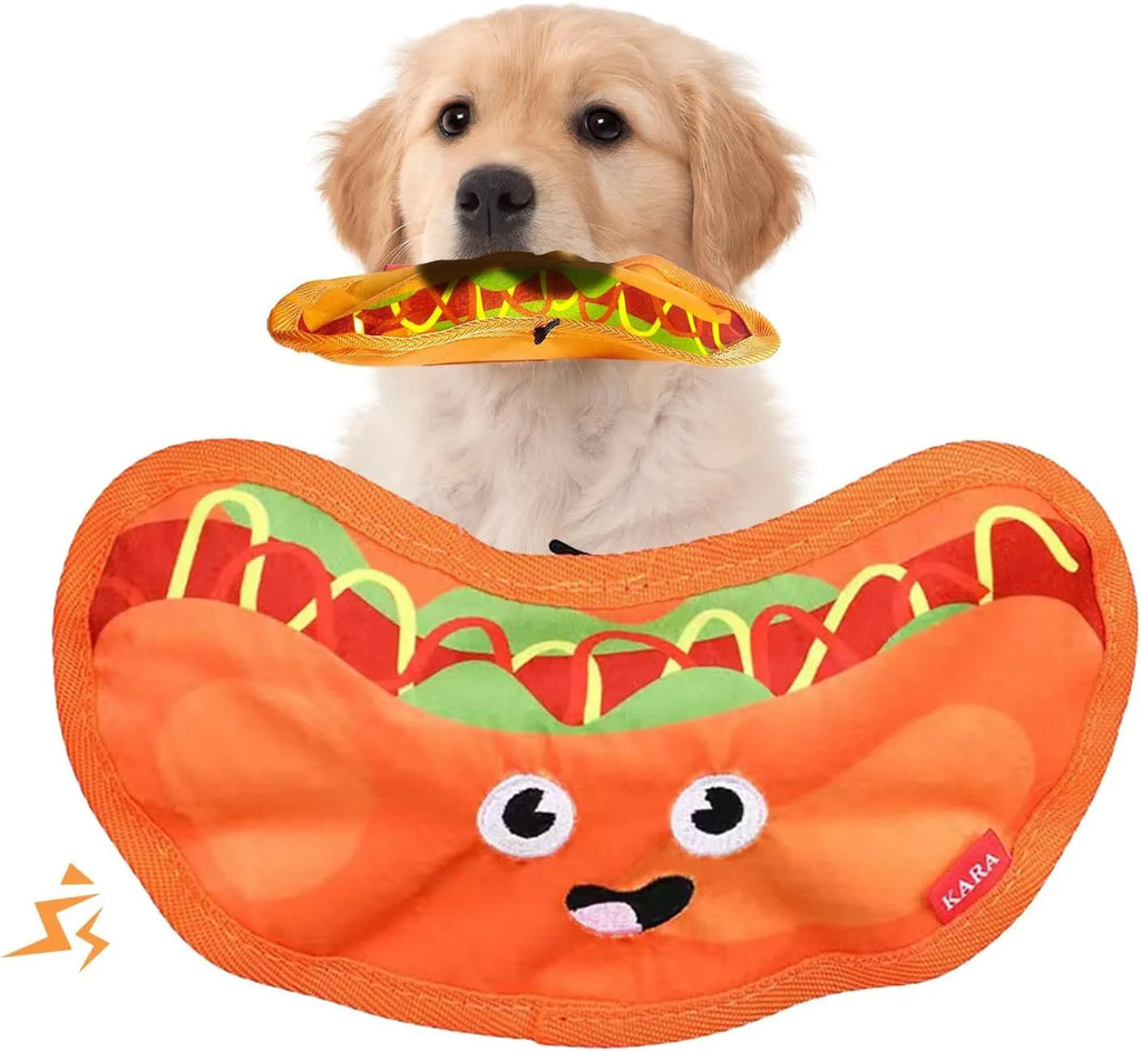 Hamburger-shaped dog toy with vivid colours featuring crinkle and squeaker sounds for interactive play