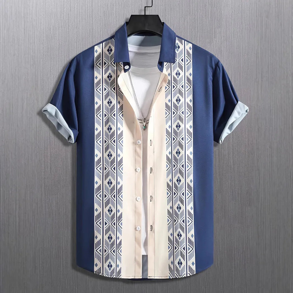 Men's loose-fitting plaid short sleeve shirt with lapel collar in contrast colours