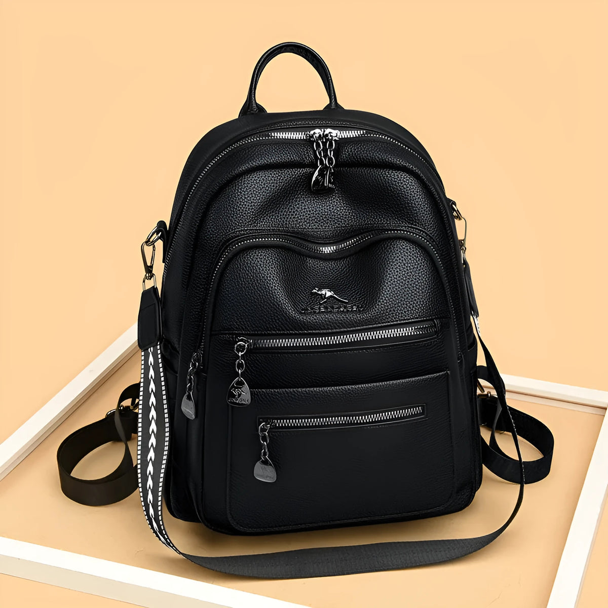 Genuine leather commuting backpack with flap pocket, black yellow beige options, water-resistant multi-pocket design