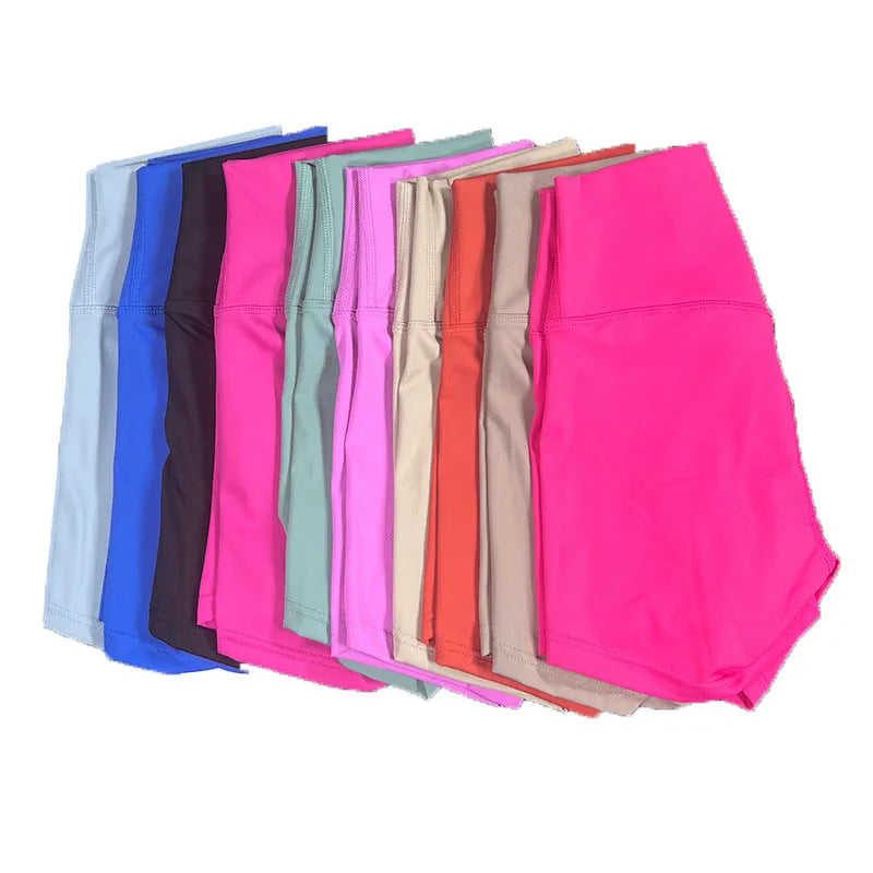 Women's high waist yoga shorts in nylon fabric available in multiple colours and sizes