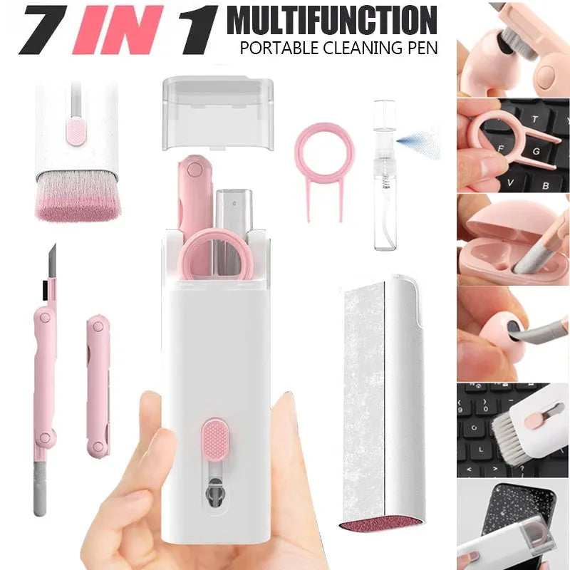Multifunctional cleaning pen set with keycap puller, screen spray, and retractable brush in ABS, 60x130x15mm