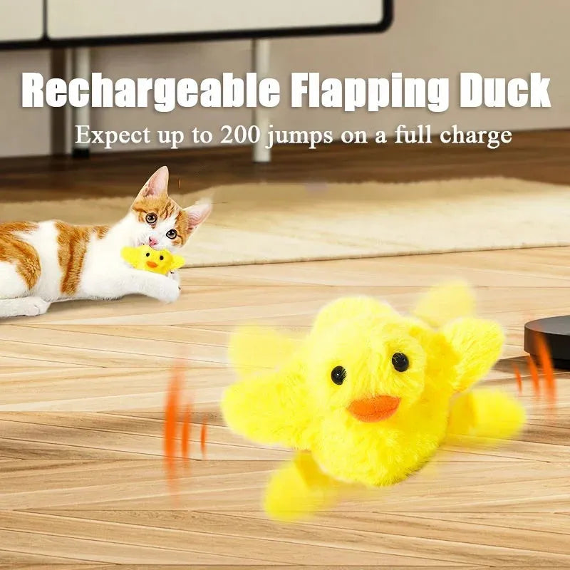 Yellow flapping duck interactive cat toy with removable plush cover and USB charging cable