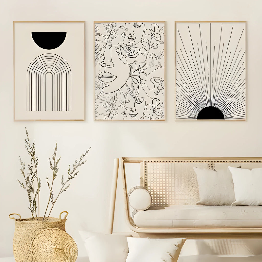 Boho abstract line design on a frameless canvas wall art print in a neutral colourway.