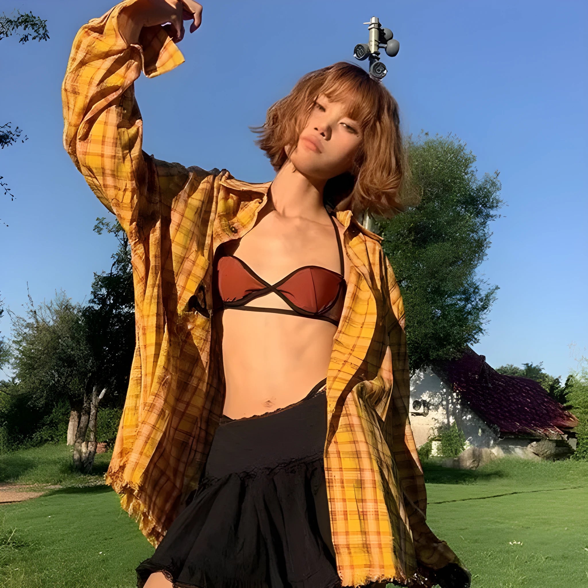 Dopamine yellow plaid shirt with loose fit cardigan-style design on chemical fibre blend fabric