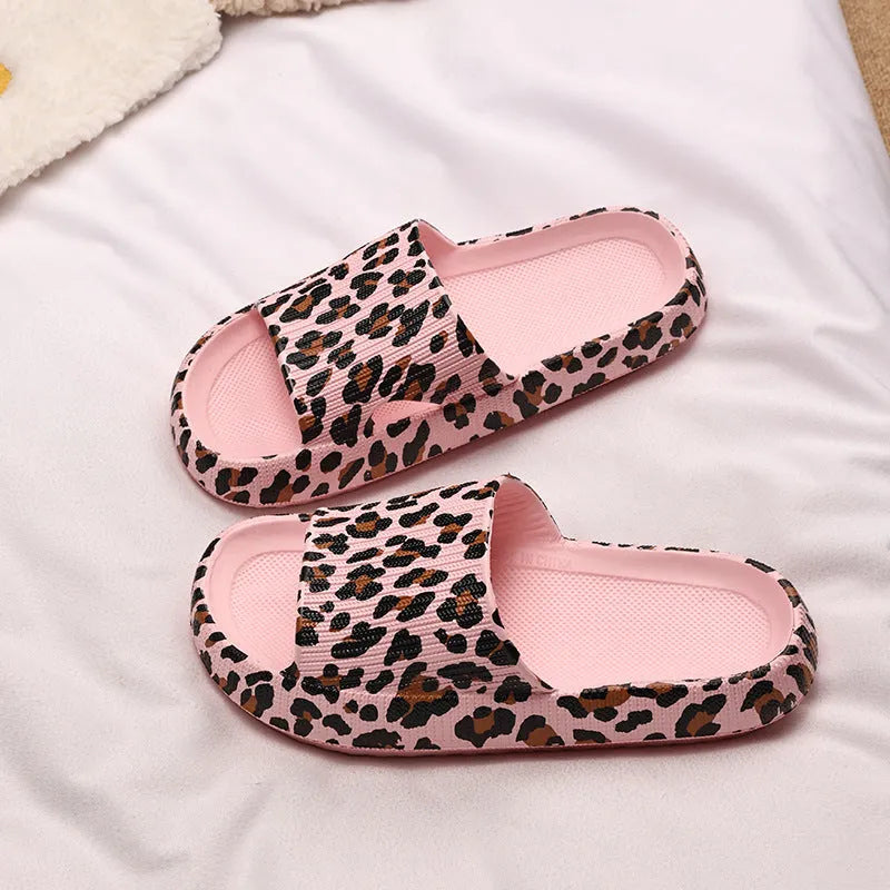 Women's leopard print EVA slippers with thick sole in black, pink, white zebra and khaki colours