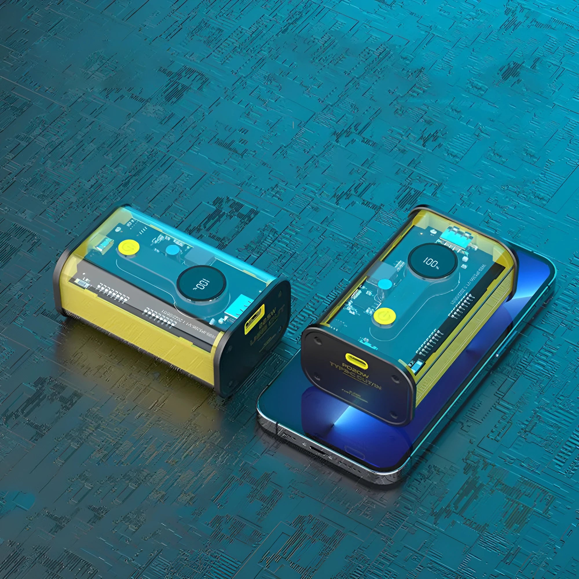 Transparent industrial power bank showing internal aluminium battery case with 10000mAh capacity and multiple USB ports