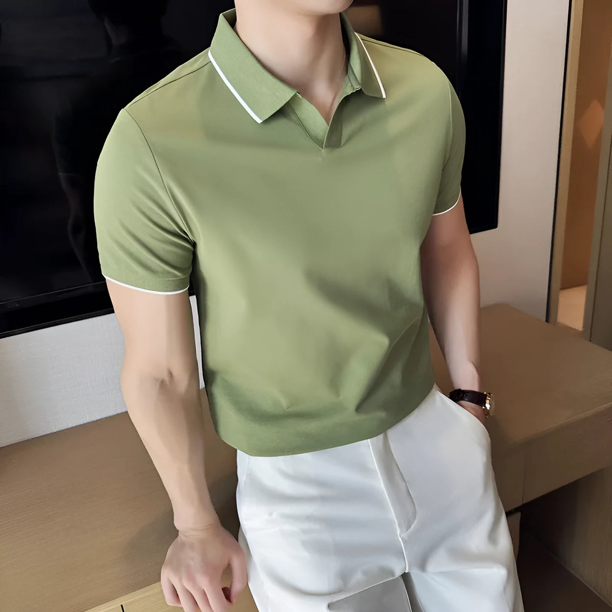 Men's mercerised pearl cotton blend short sleeve polo shirt in six solid colours with regular fit