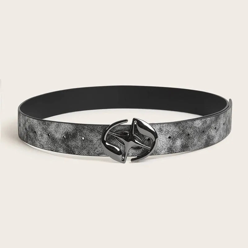 Retro style women's wide belt with oval alloy buckle in grey white and silver white colours.