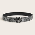 Retro style women's wide belt with oval alloy buckle in grey white and silver white colours.