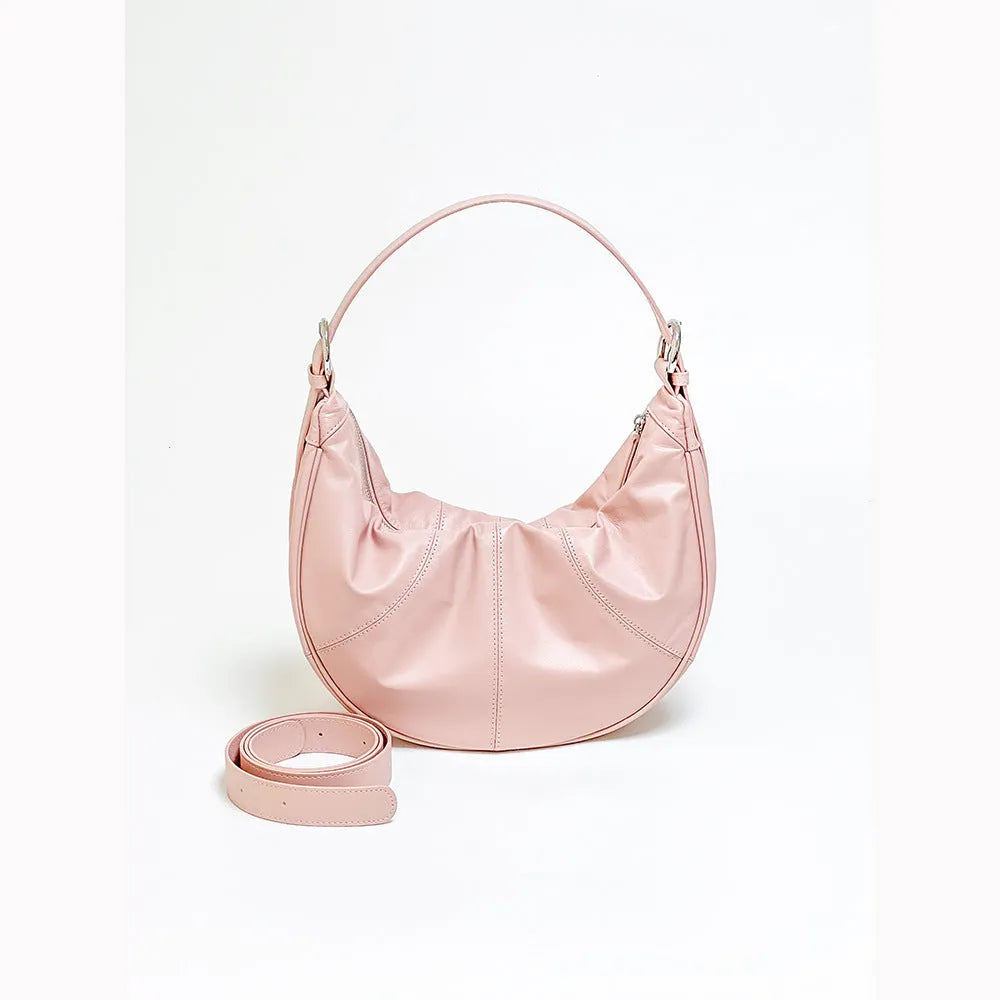 Women's genuine leather shoulder bag with dumpling shape and cowhide texture in black colour
