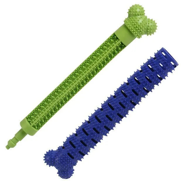 Blue silicone dog dental cleaning stick with serrated edges and bristles for teeth cleaning