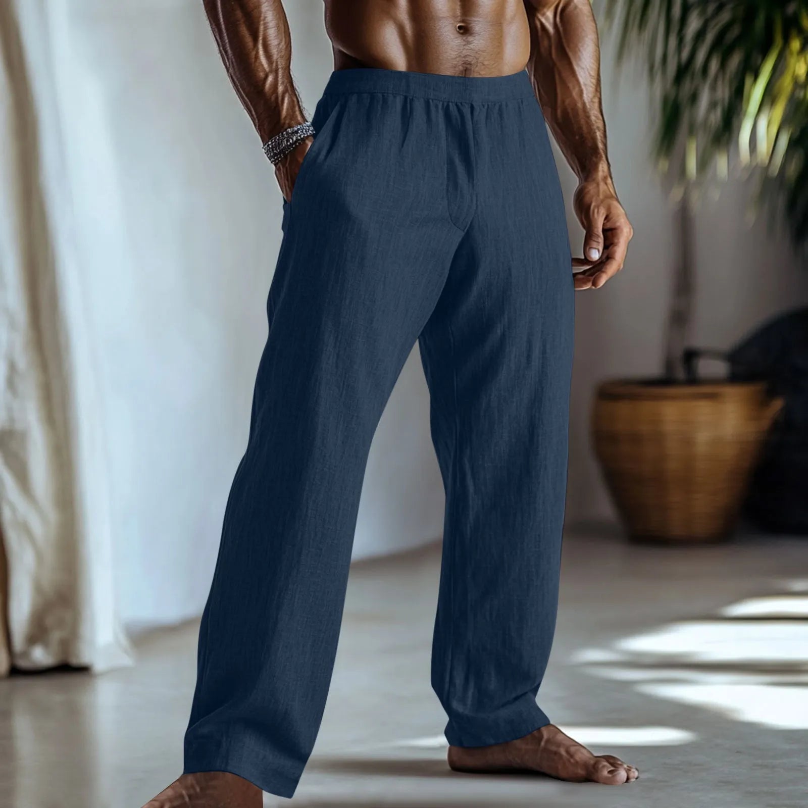 Straight-leg cotton linen trousers in British style with pockets in seven colour options