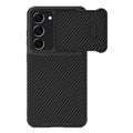 Black Samsung S23 Ultra mobile phone case with a built-in camera lens cover.