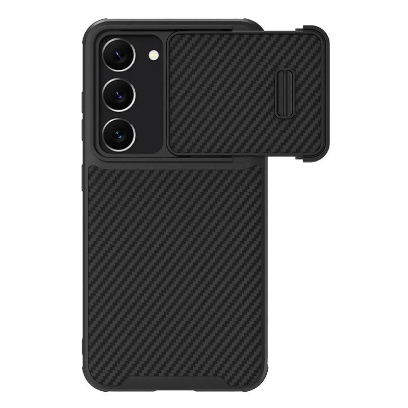 Black Samsung S23 Ultra mobile phone case with a built-in camera lens cover.