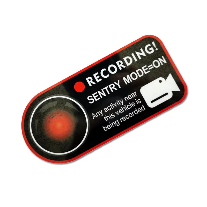 Pair of white electrostatic warning stickers for Tesla Sentry Mode, sized 11x5 cm.