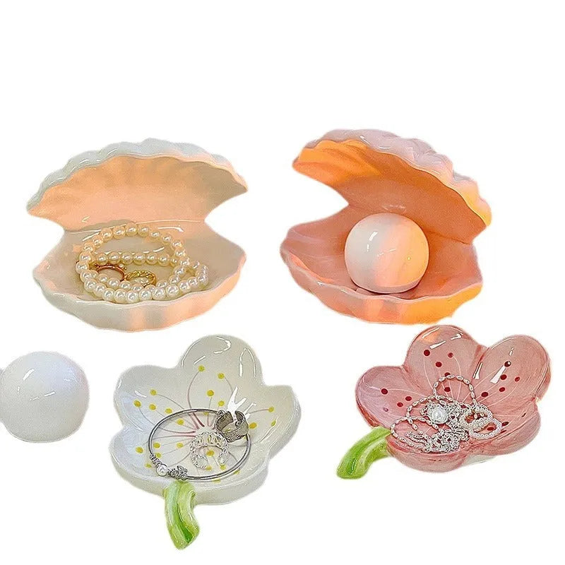 Yellow white porcelain decorative tray with optional small night light, pink and white shell options.