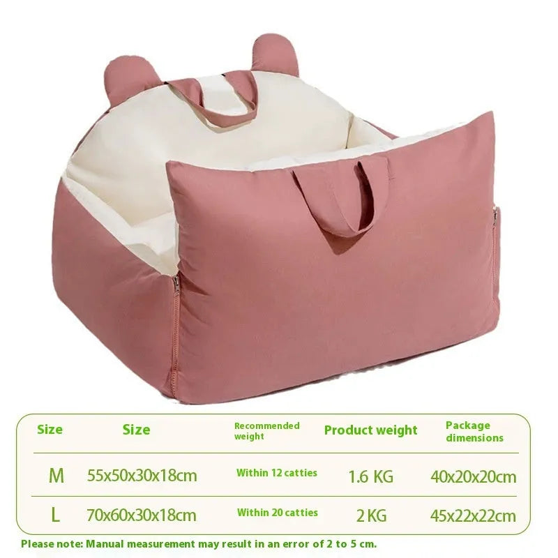 Removable washable dog car kennel in beige, shown in Medium and Large sizes for vehicle travel safety.