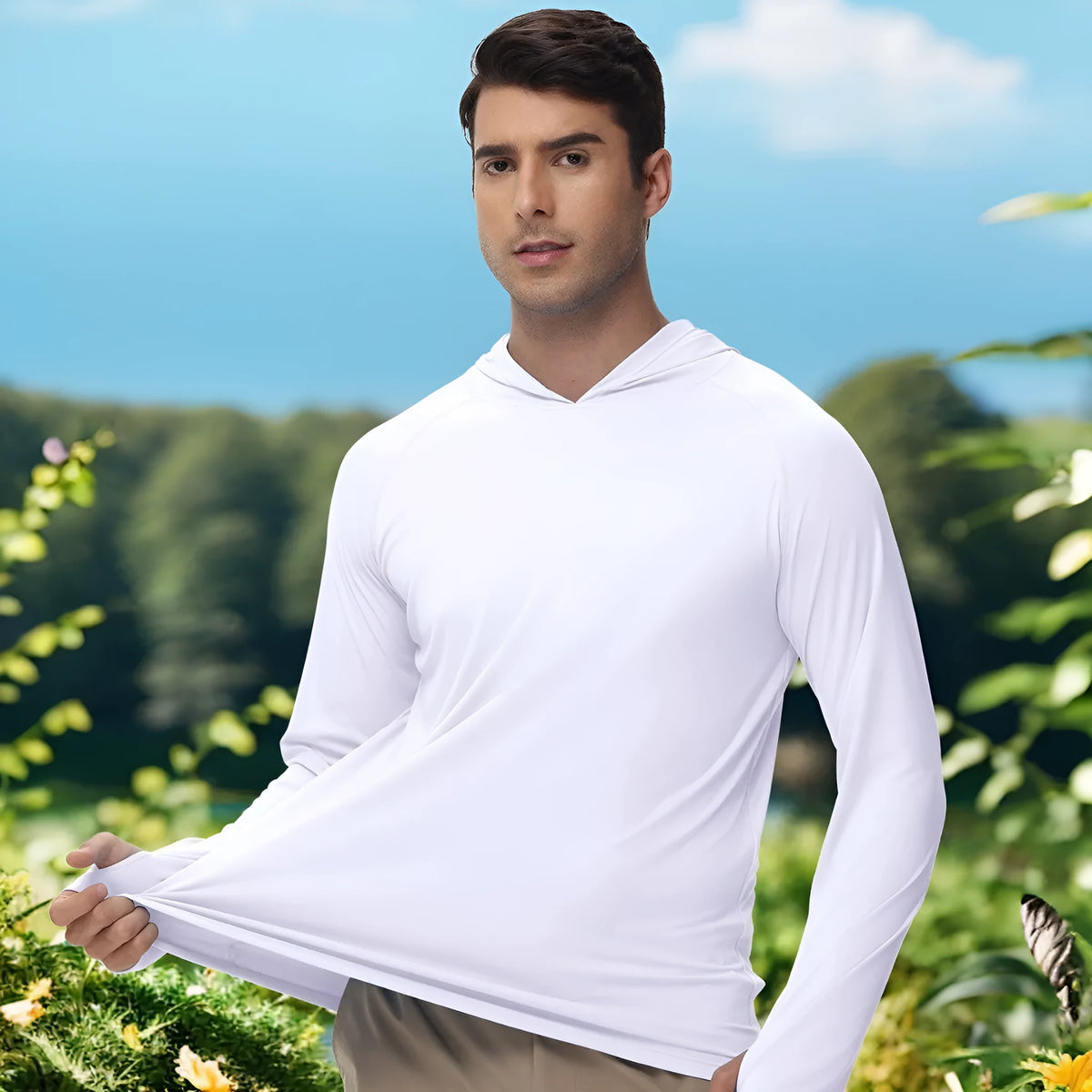Long-sleeved hooded outdoor top in a solid colour for fishing and climbing with UV protection.