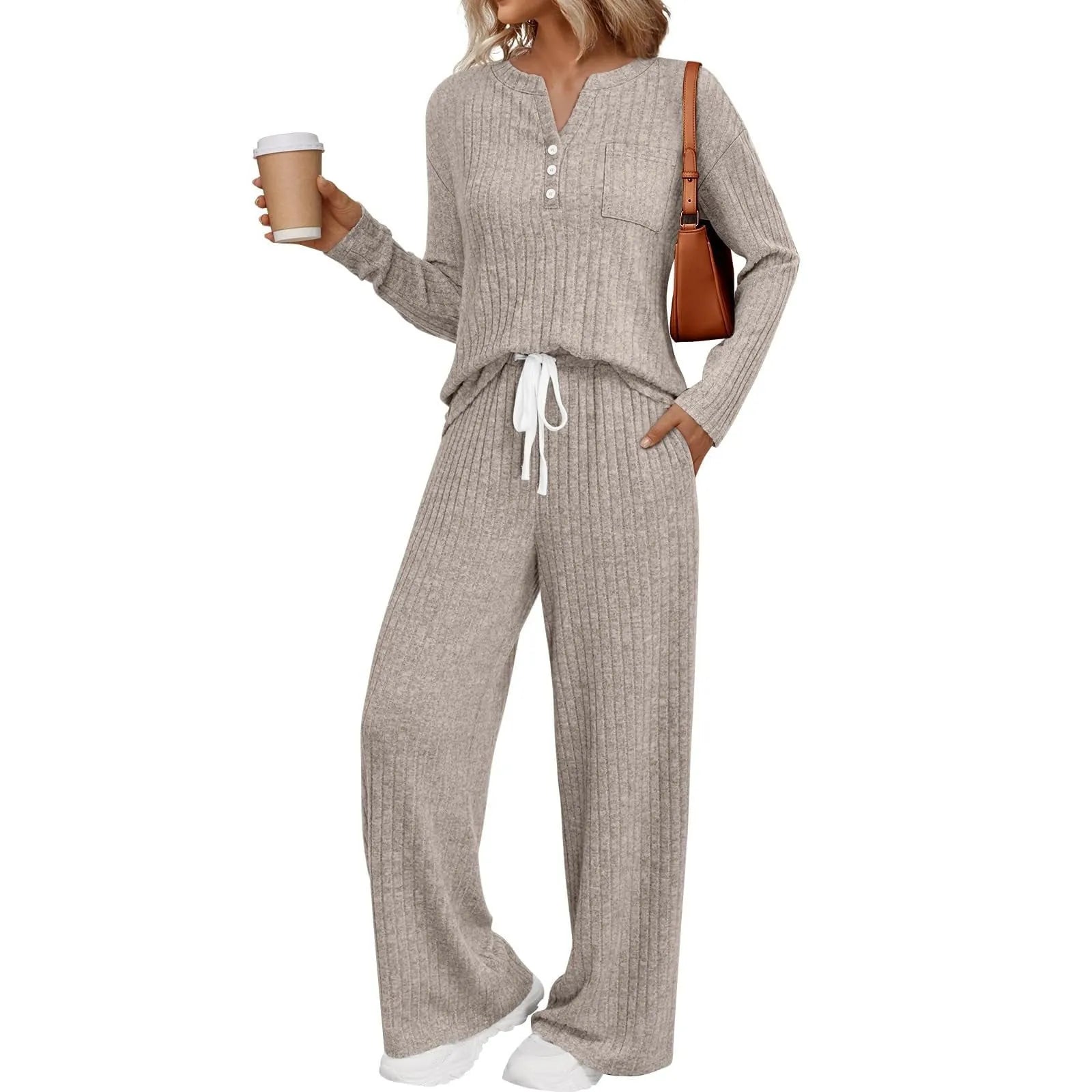 Women's V-neck striped knit long coat with lace-up details and matching pants in light grey colour