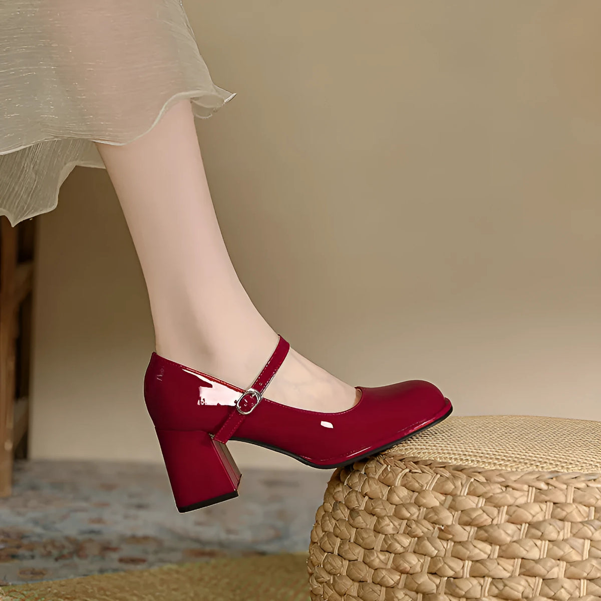 Women's one-strap high heels with thick 7cm heel, round toe, patent leather upper, available in wine red, apricot, black, sizes 35-45.