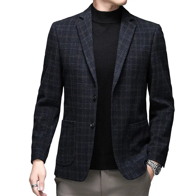 Men's solid color woolen winter jacket with loose fit design and round hem