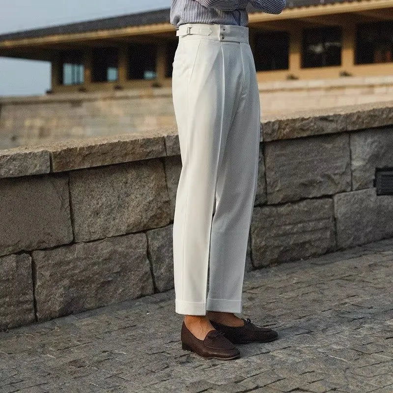 Men's slim fit straight cut trousers in black, white or apricot for business formal wear