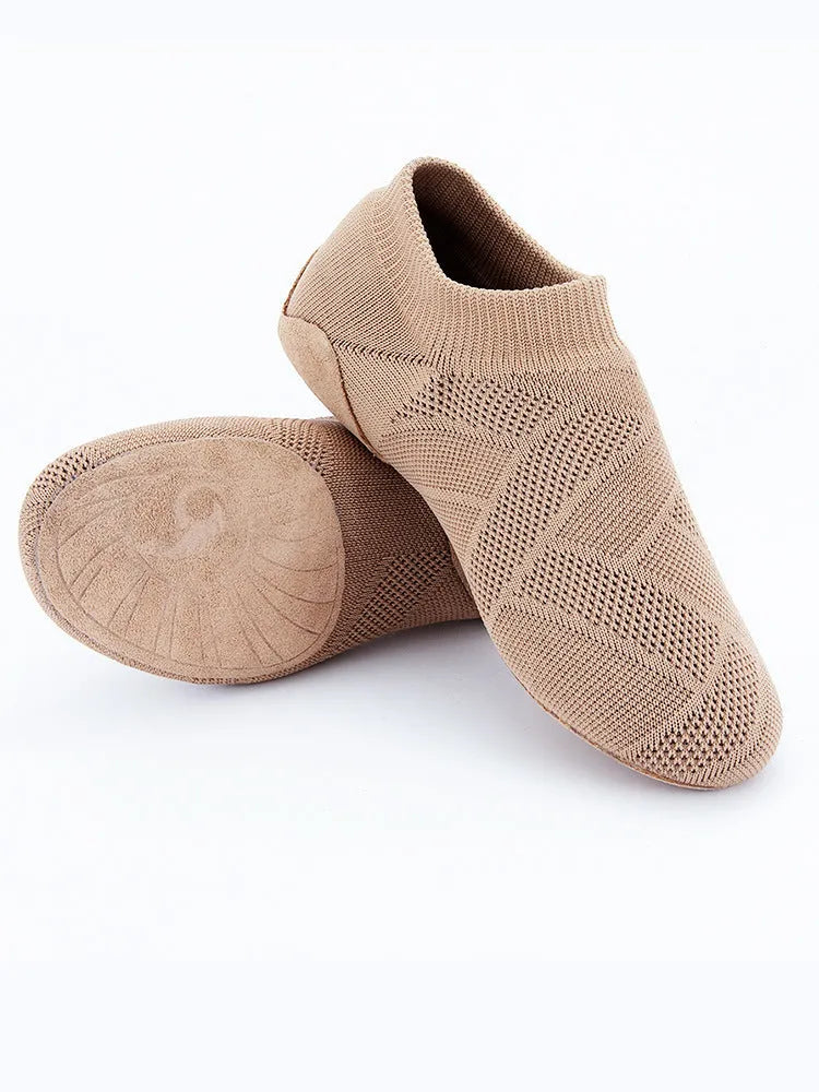 Camel colour Latin dance shoes with simple print, cotton mesh upper, and leather sole on a neutral background.