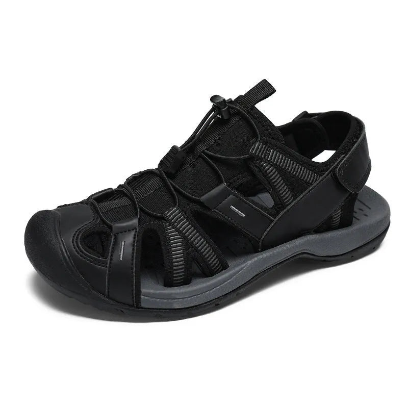 Men's blue mesh sports shoes with velcro closure and rubber sole on outdoor surface