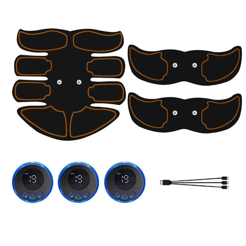 Abdominal muscle patch with digital display showing eight-belly three-piece design in red, blue, or yellow edge options.