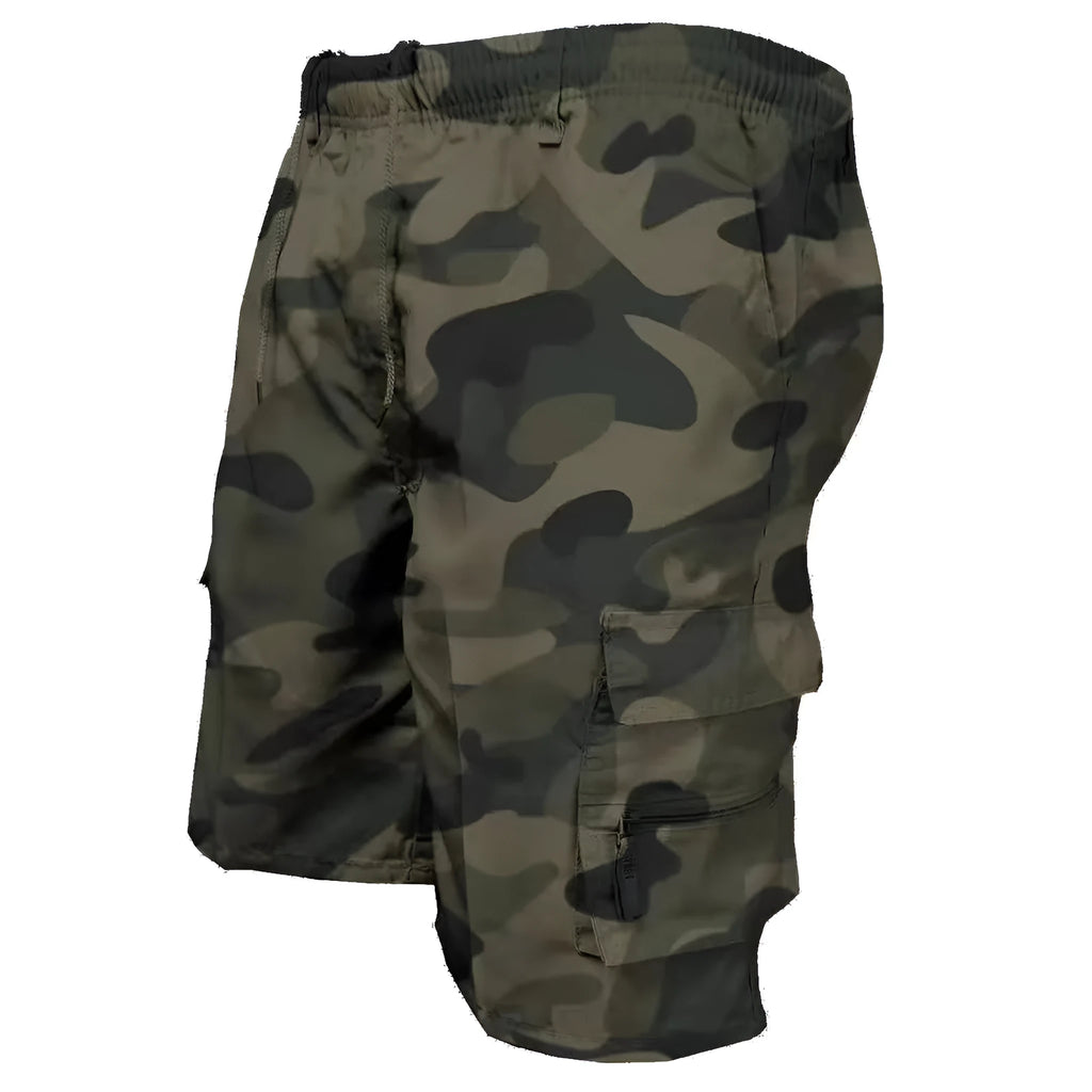 Man wearing khaki multi-pocket casual cotton shorts with a drawstring waist.