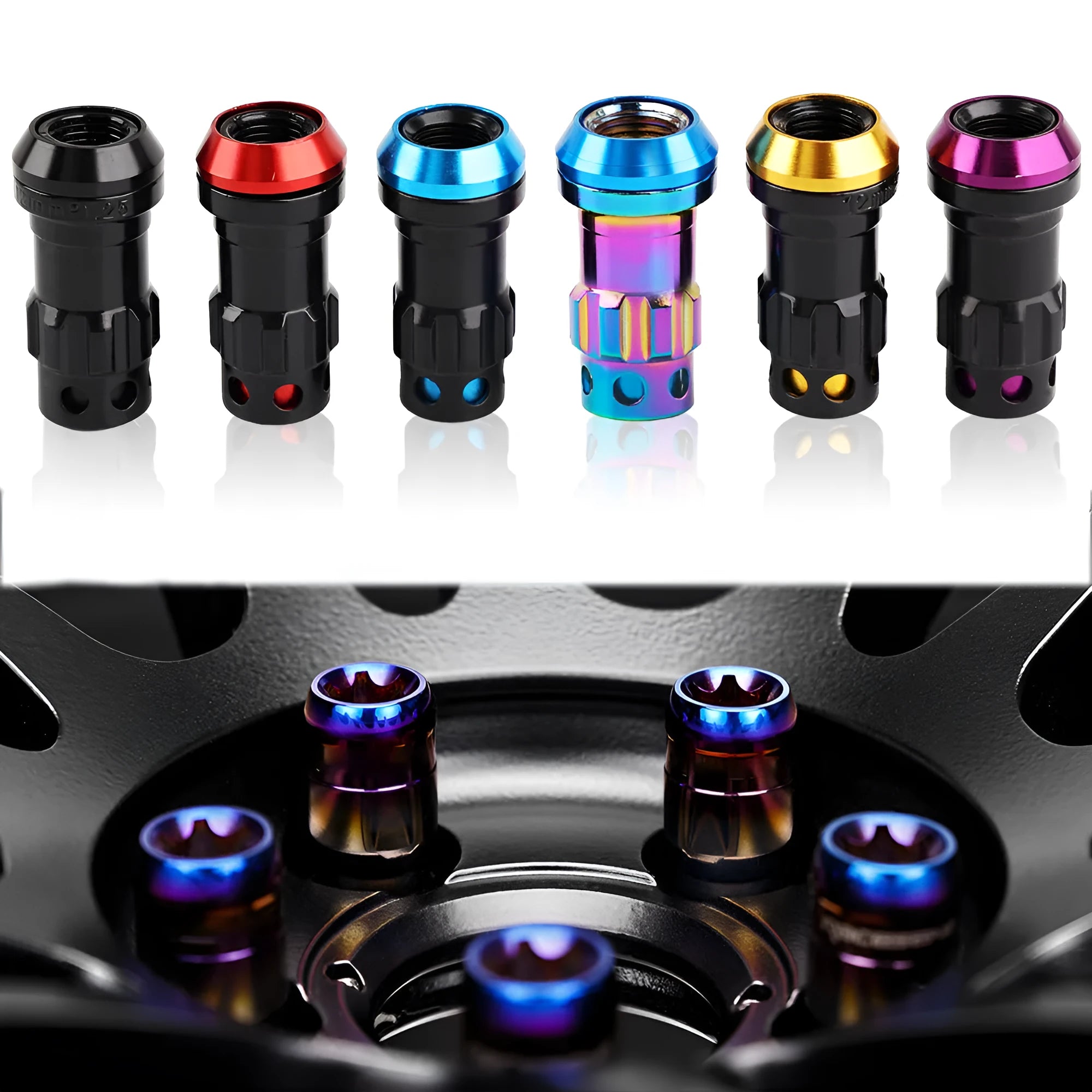 Universal aluminium alloy wheel hub nuts in multiple colour options with flat head design
