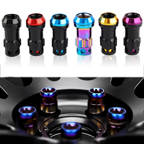Universal aluminium alloy wheel hub nuts in multiple colour options with flat head design