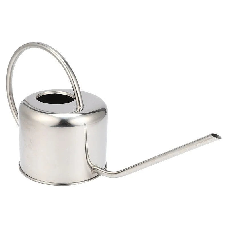 Stainless steel watering can with long spout, 2 litre capacity, shown in black finish.