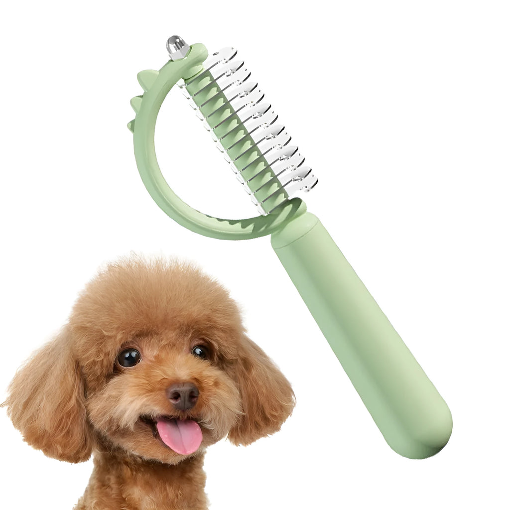 Blue dinosaur-shaped self-cleaning cat brush with stainless steel pins